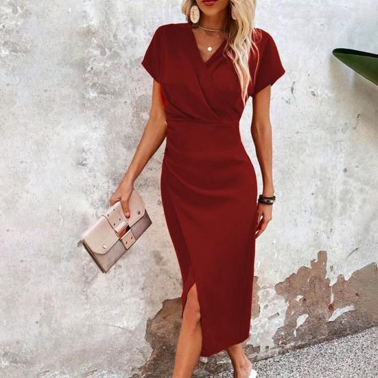 Women's Bodycon Midi Dress Short Sleeve V Neck Ruched Cocktail Party Dress Formal Slit Office Work Business Outfit