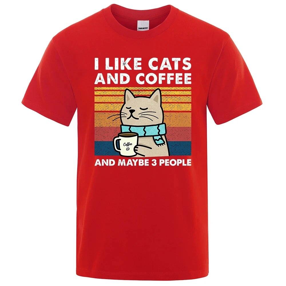 Summer 100% Cotton T-Shirts I Like Cats And Coffee Street Funny  Print T Shirts Street Unisex Women T Shirts Hip Hop Breathable Tee