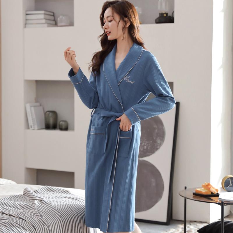 Nightgown Women'S Spring And Autumn Pure Cotton Long-Sleeved Spring And Summer Long Bathrobe Pajamas Cotton Bathrobe Dressing Gown