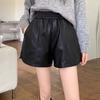 Women's Fall Spring Outer Wear Elastic Waist High Waisted Slimming A-Line Wide Leg PU Leather Shorts Petite Base Pants Mini Shorts