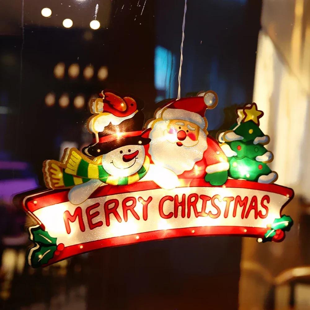 Christmas Santa Claus Snowman Suction Cup Window Hanging Lights Christmas Decoration for Home New Year LED Decorative Lights