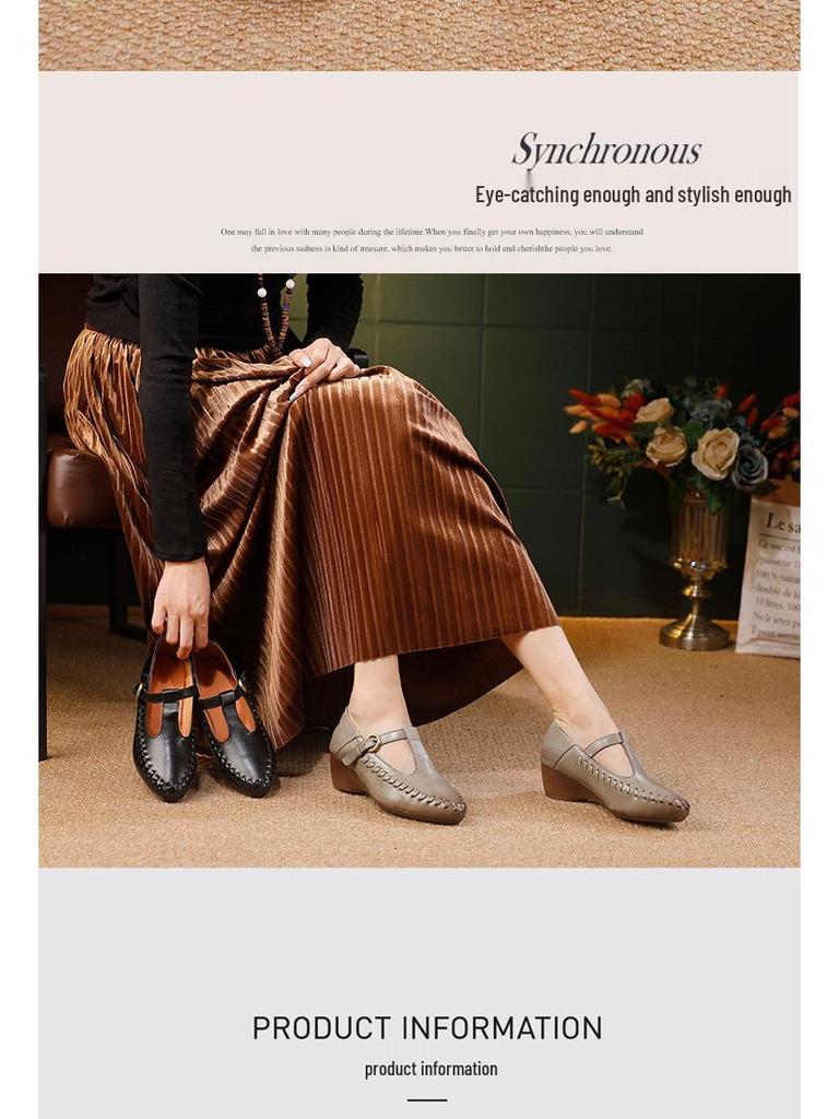 2025 Autumn Women's Genuine Leather Mary Jane T-Strap Shoes - Soft Sole, Retro French Style, Chunky Heel