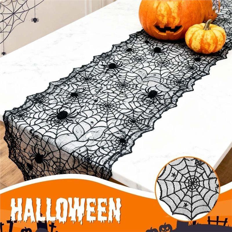 ABKP-Black Lace Spider Web Halloween Table Runner- 2Pcs 13X72 Inch For Dining Table, Mantle Counter,Party Decorations Mantel