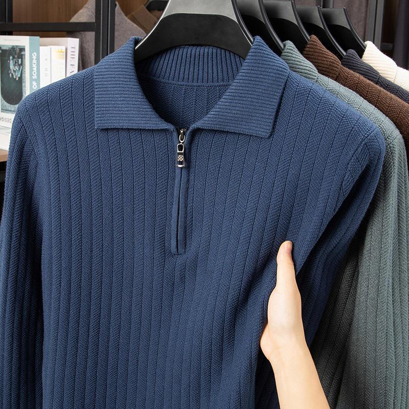 Men's Mid-Aged Half-Zip Knit Polo Shirt - Thick Solid Color Sweater for Autumn and Winter