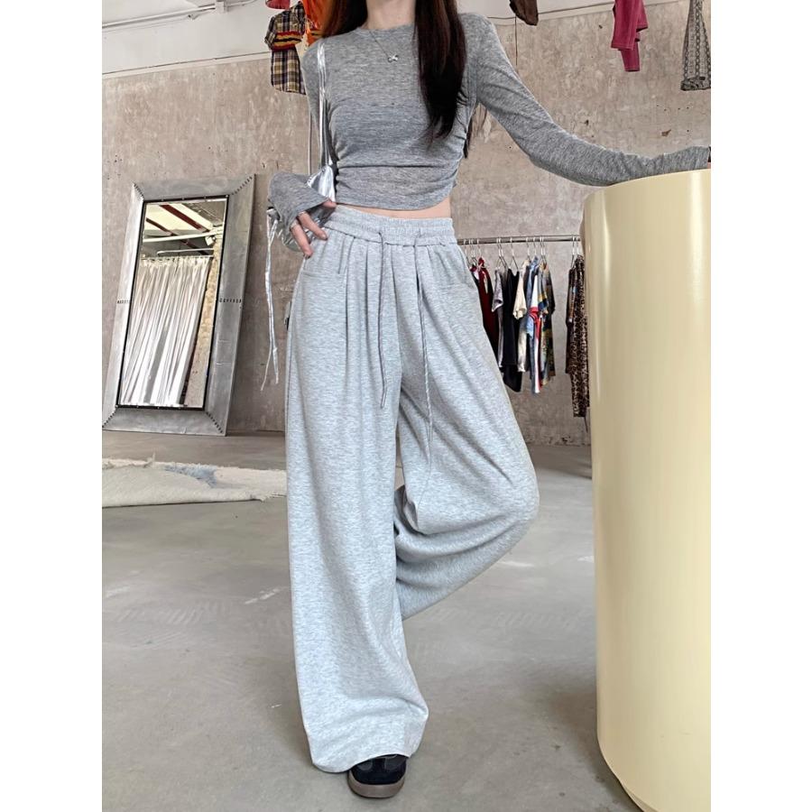Einfarbige Freizeithose im Lazy Style für Frühling und Herbst, hoch taillierte Hose mit geradem Bein und weitem Bein, lange Hose für Damen