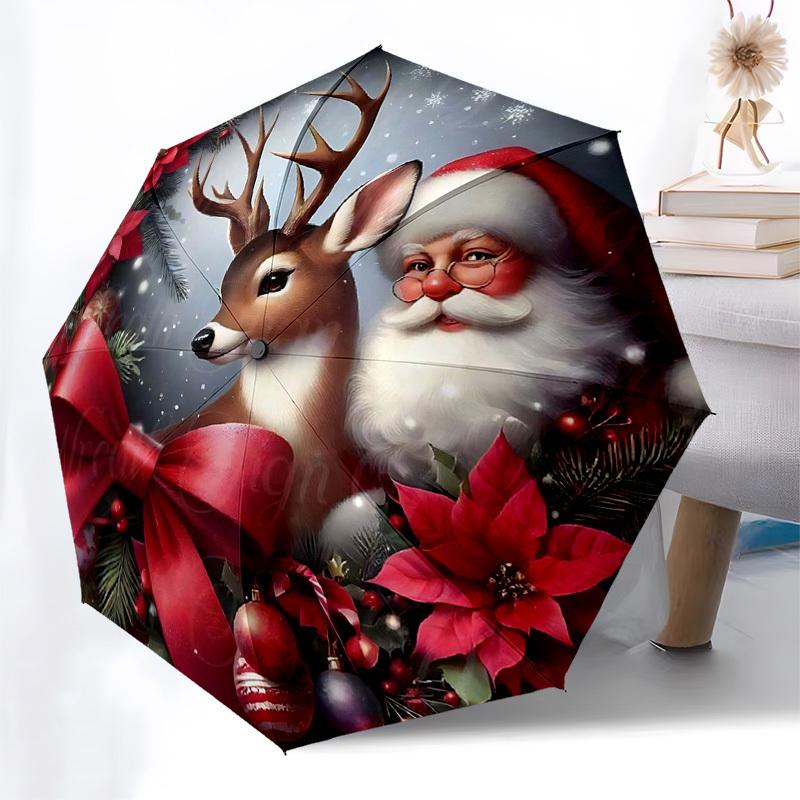 

1pc Christmas Snow Globe with Santa Claus, Reindeer, and Houses, Automatic Opening Umbrella, Portable Tri-Fold Design, 8-Bone Iron Frame, Outdoor Umbr