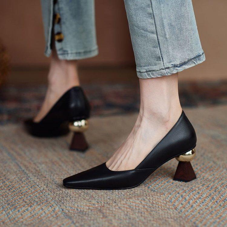 Pointed high heels women's spring new fashion special-shaped thick heel outer wear work shoes not tired feet single shoes