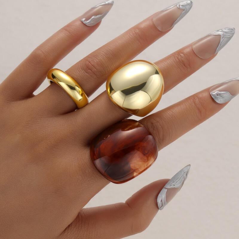 3pcs Geometric Wide Face Resin Opening Rings for Women Men Smooth Round Chunky Metal Joint Rings Set Banquet Jewelry Accessories