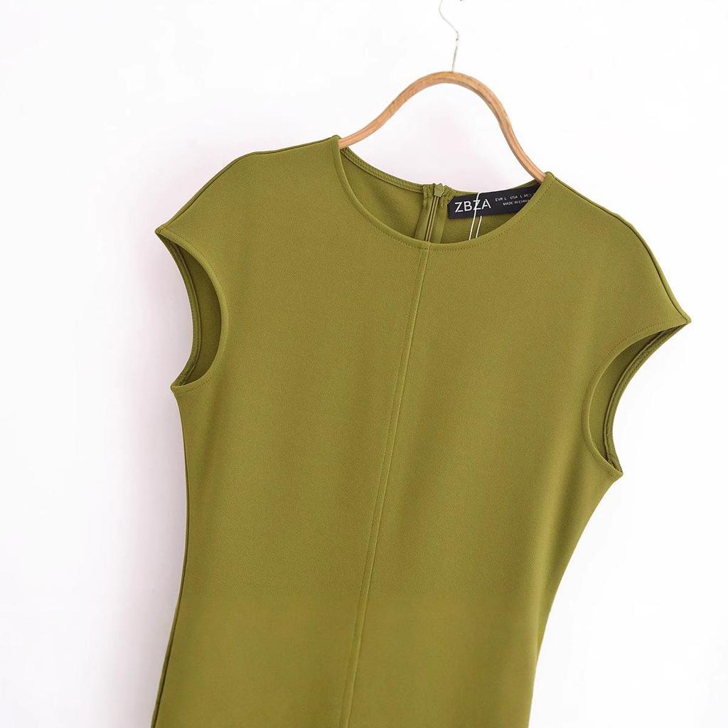 2025 Frühling Damen Europäischer & Amerikanischer Stil Krepp Slim Fit Rundhals Kurzarm Midi-Kleid