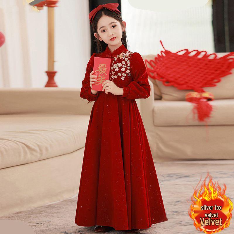 Girls' Formal Red Embroidered Dress - Korean Velvet Silver Fox, Elegant Long-Sleeve, 410g