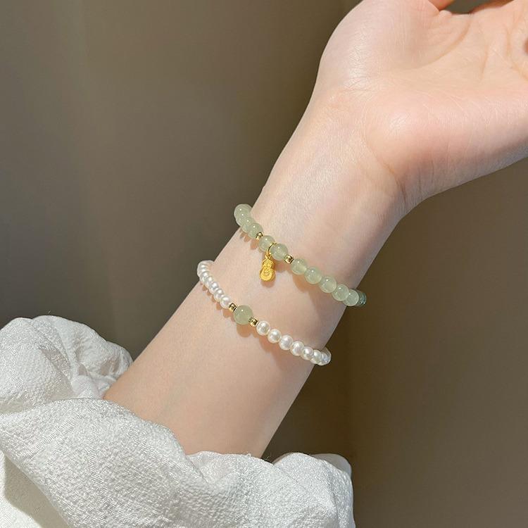 Nearly Round Natural Freshwater Mini Rice-shaped Pearl Bracelet for Women, Summer Hetian Jade Niche Light Luxury Stackable Wear