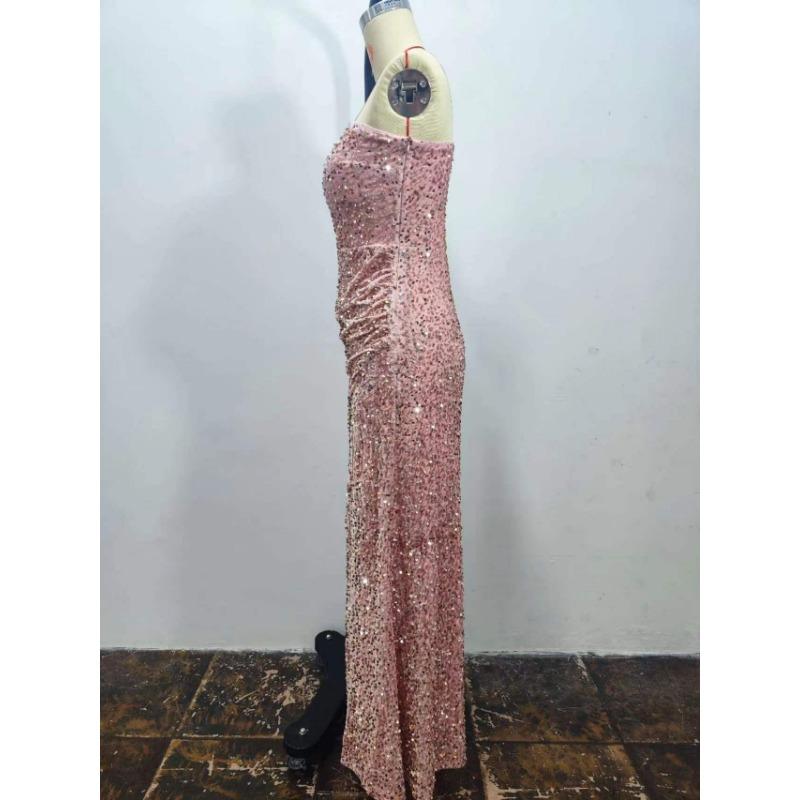 Damen Pailletten One-Shoulder Ärmelloses Schlitz Knöchellanges Bodycon Kleid