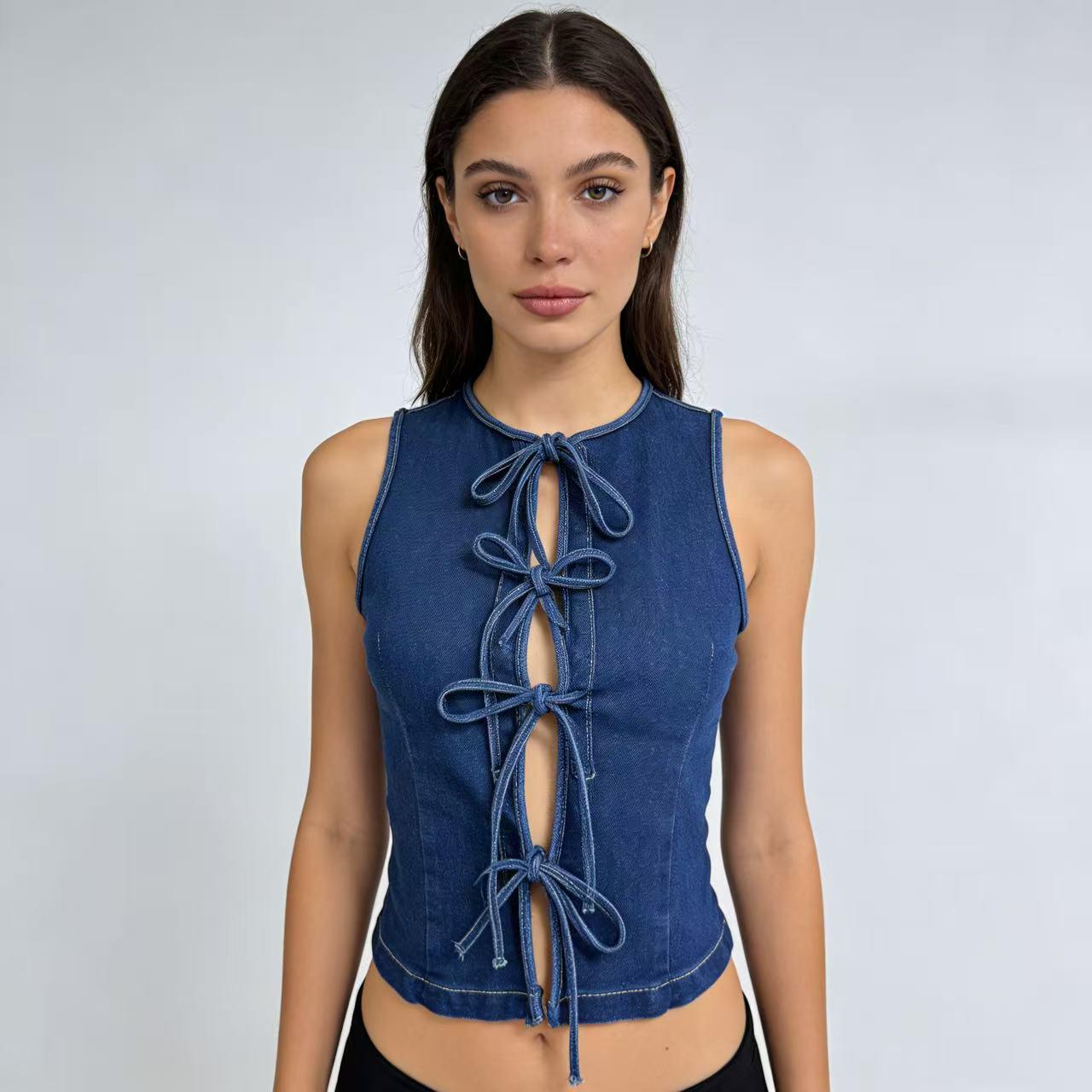 

Women s Tie-Dye Lace-Up Sleeveless Denim Vest Extra Large