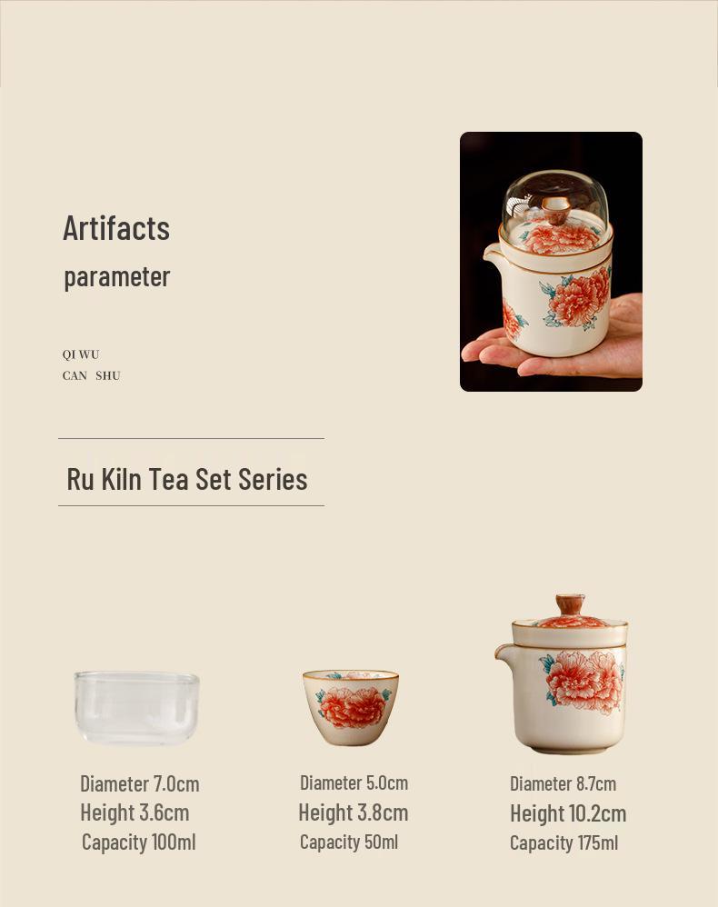 Ru Kiln Peony Quick Cup: Portable Outdoor Tea Set with One Pot and Four Cups