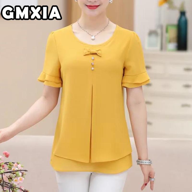 

GMXIA Женская мода Повседневный досуг Однотонный принт Короткий рукав O-образный вырез Блузки и рубашки XXXXXL жёлтый