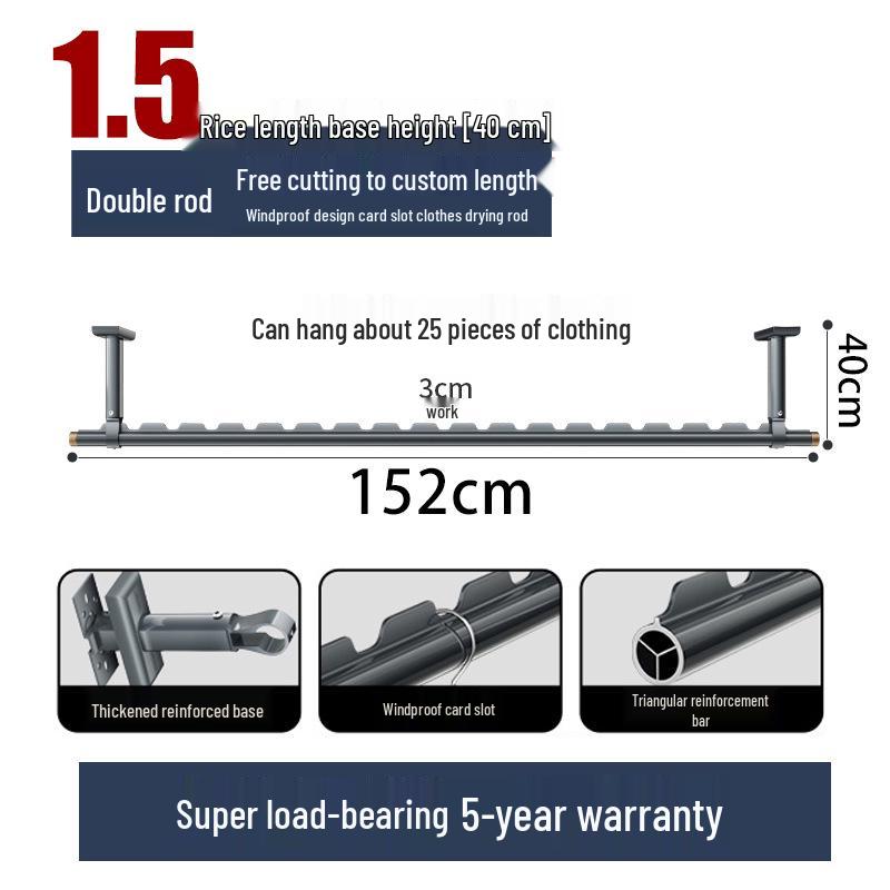 Aluminum Windproof Balcony Drying Rod - Top-Mounted, Hole-Punching Design for Secure Clothes Hanging
