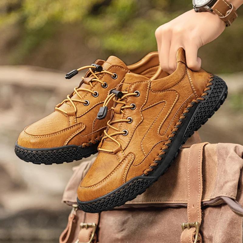 Non-Slip Leather Treking Footwear Leisure Lace Up Mens Casual Shoes Outdoor Male Sneakers Hiking Shoes All-match Driving Shoes