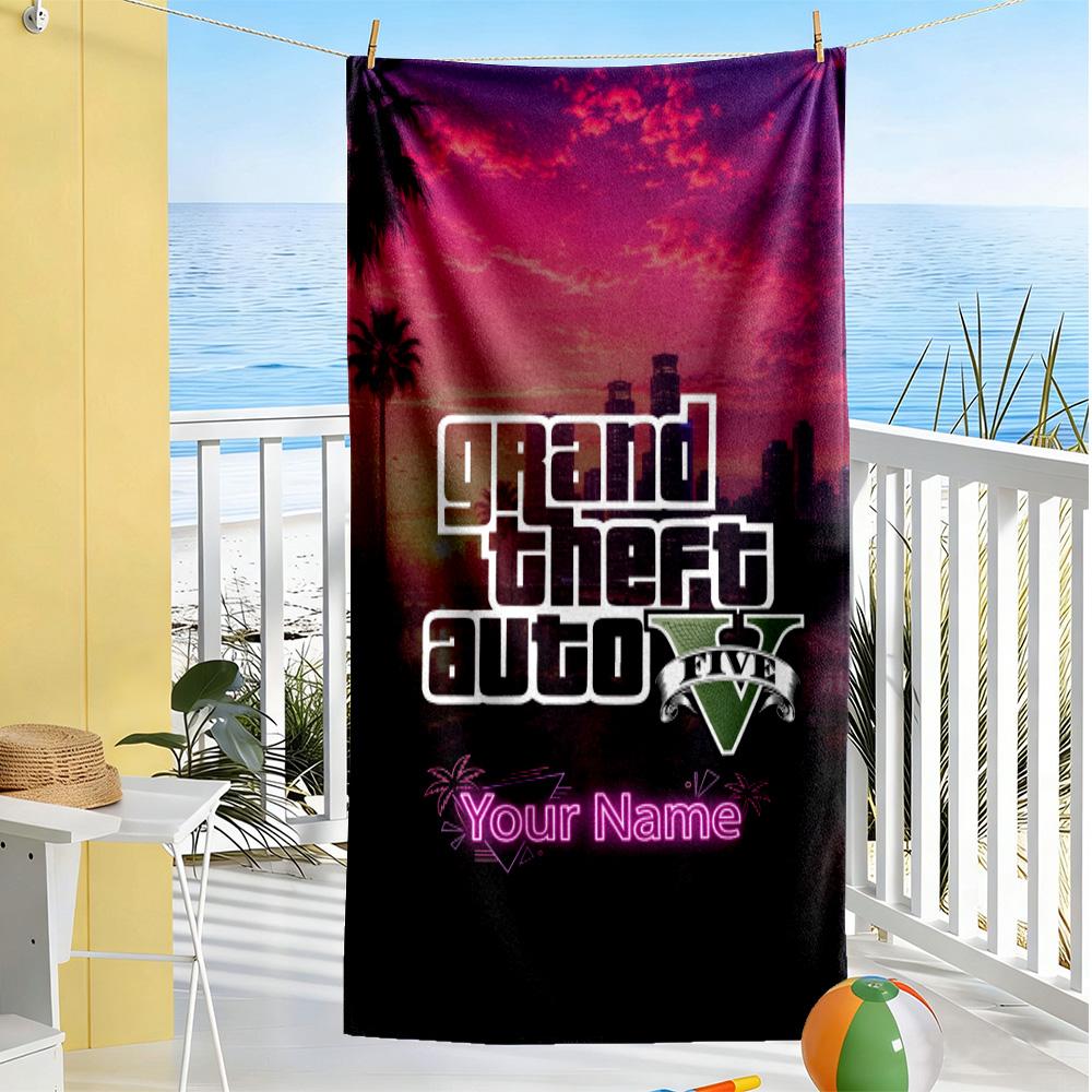 Gta Customizable Name Beach Towel Quick-Dry Soft Microfiber Ideal for Travel Outdoor Swim Pool Yoga Surf Camping Hiking Gym Gift Holiday