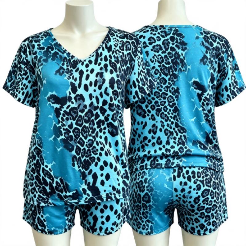 Summer European Streets Leopard Style Printed V-Neck Short Sleeved T-Shirt And Shorts Set Women's and Men's T-shirt Shorts Set