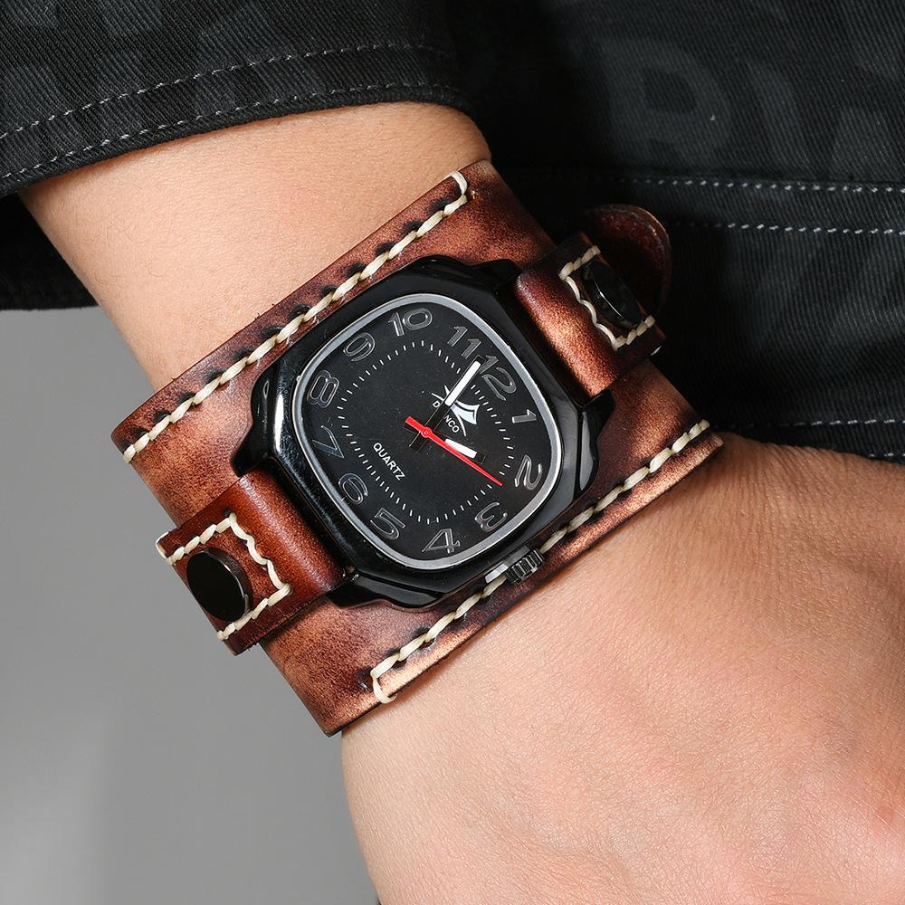 European and American Hot-selling Accessories, New Hand-stitched Retro Cowhide Watch Bracelet, Men's Trend Wide Leather Quartz Watch