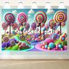 A dreamy candy-themed background banner made of polyester, suitable for various party decorations both indoors and outdoors.