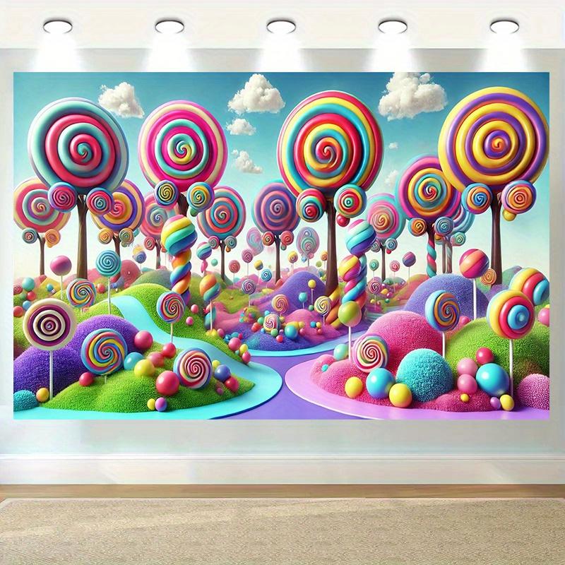 A dreamy candy-themed background banner made of polyester, suitable for various party decorations both indoors and outdoors.