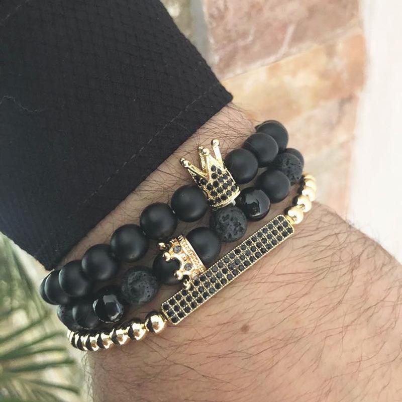 Men's black matte lava stone bracelet, point diamond crown, beaded long strip, high-end three-piece set, stacked wearing set, bracelet.