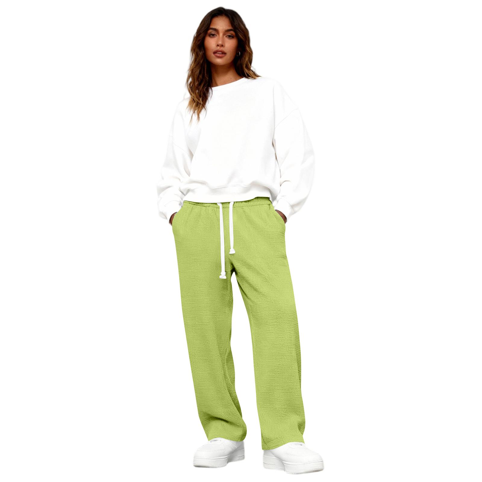 

Pants For Women Textured Drawstring Waist Solid Wide Leg Trousers Loose Sweatpants L