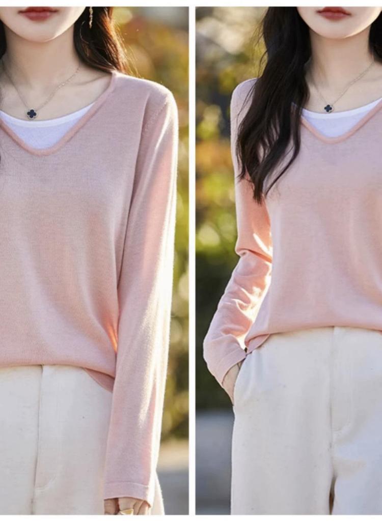 Women's V-Neck Color Block Layered Knit Sweater - Long Sleeve, Lightweight