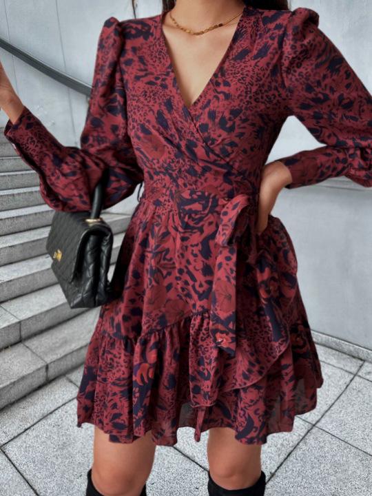 

Женские платья Элегантное и элегантное платье А-силуэта с V-образным вырезом и принтом XL коричневый