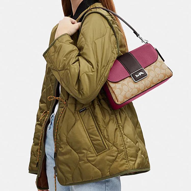 Coach Grace 26 Classic Monogram Horse And Carriage Logo Flap Top Handle Shoulder Bag Women Handbags Purple Khaki CJ633-SVVSB