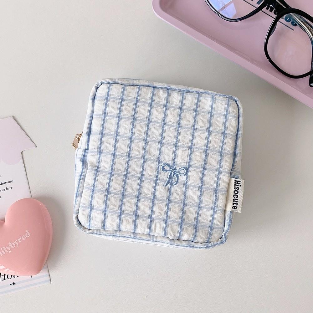Embroidery Bow Knot Mini Cosmetic Bag Striped Sanitary Napkin Storage Bag Toiletry Organizer