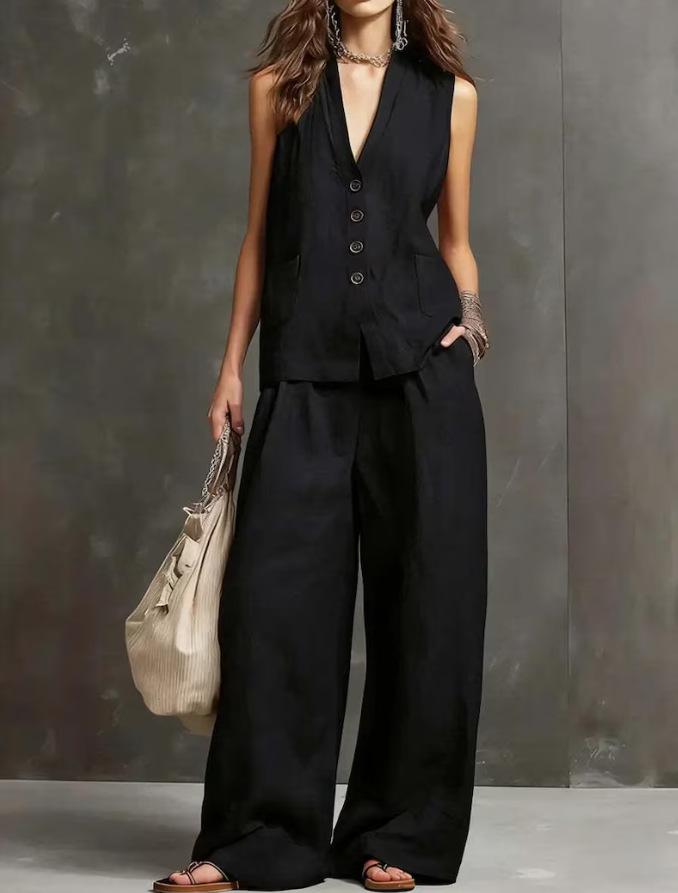 Women Sleeveless V Neck Button Up Vest And Wide Leg Pants Set Casual Loose Fit Linen Blend Two Piece Outfit