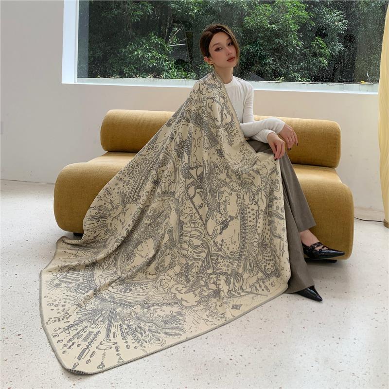 Wool Silk Double-sided Jacquard Scarf for Women's High-end Sense Versatile Shawl with Enlarged Thickened Thermal Blanket Dual-purpose