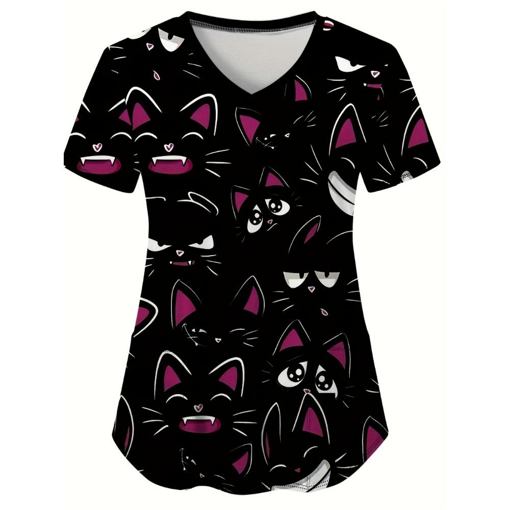 Summer Womens Fashion V-Neck Short Sleeve Uniform Pockets Tops Cute Cat Pattern Print Comfortable Vet Clinical Uniforms Woman