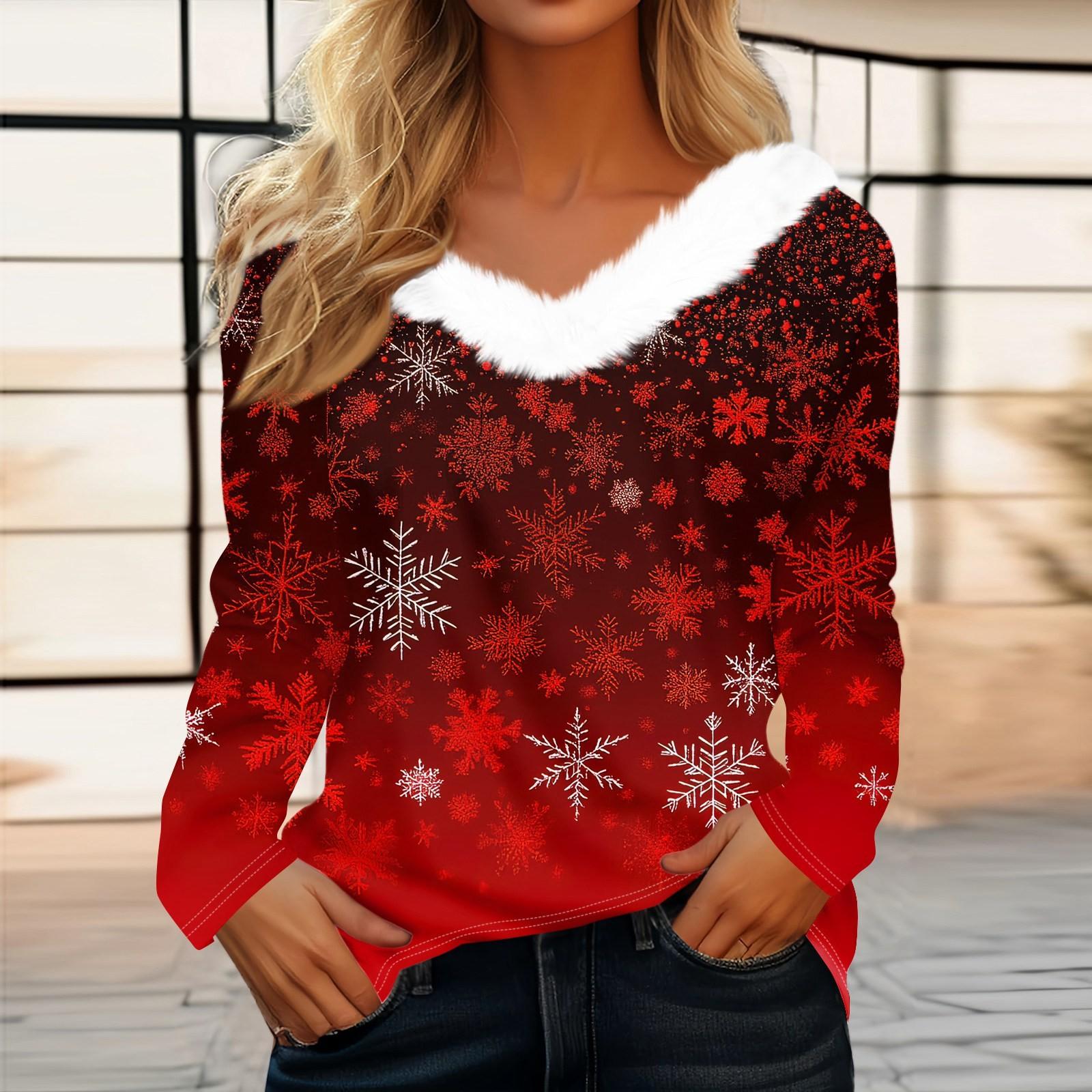 

Женская футболка с рождественским принтом, вечерние рубашки с длинным рукавом, рождественский флисовый воротник, топ с v-образным вырезом XXL красный