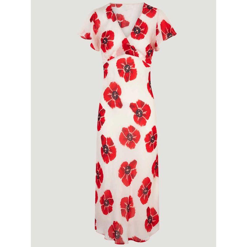 

French Elegance Deep V Neck High Waist Dress Red Printed Short Sleeve Summer Vacation Seaside Slim Dress Red five-leaf flower L
