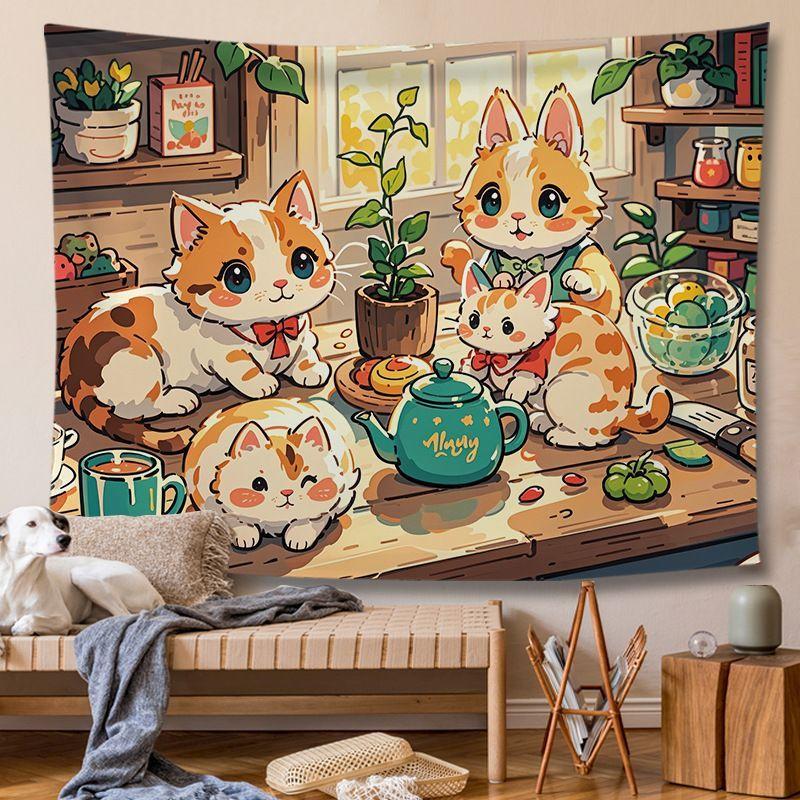 Sakura Bear Coffee Shop Tapestry Wall Hanging Home Decor for Bedroom Living Room Dorm Cartoon Cute Healing Shop