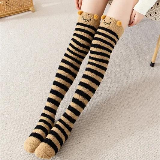 Over Above Knee Socks Long Womens Striped Panda Cat Winter Warm Ladies Girls Black White Funny Thigh High Stockings Christmas