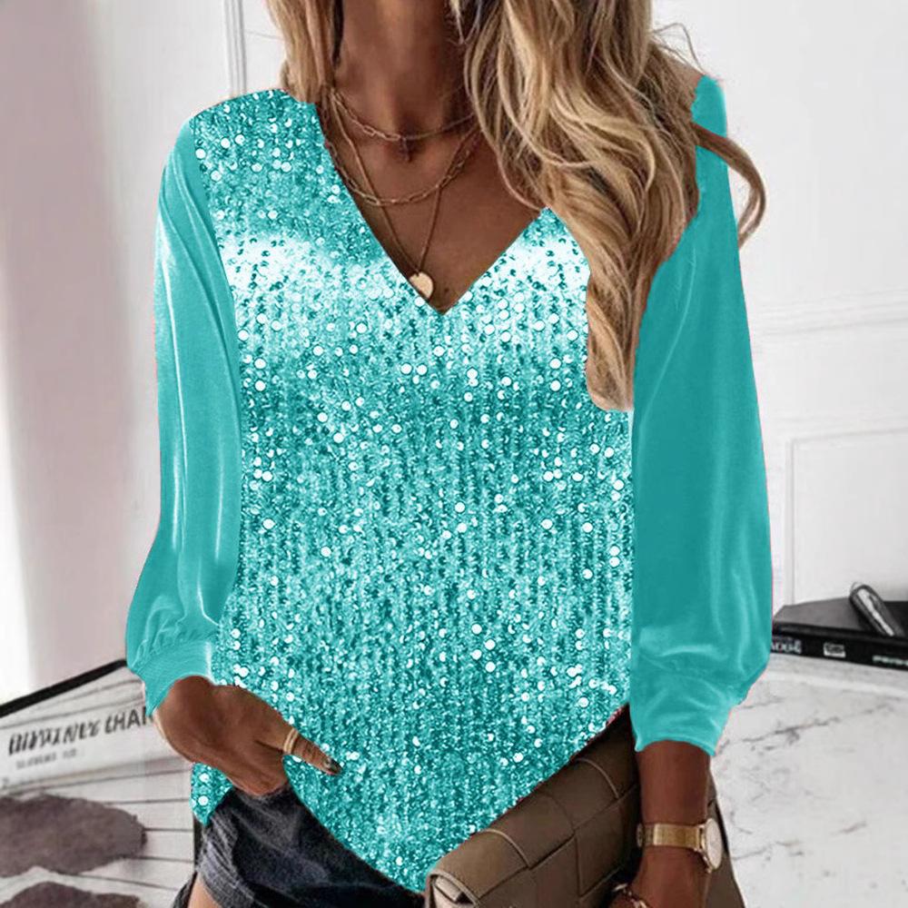 Ladies Spring Autumn Long Sleeve V Neck Loose Sequins Pullover T Shirt Top