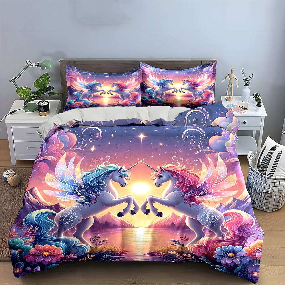 Unicorn Fantasy at Sunset Lake Print Bedding Set Duvet Cover Pillowcases (1* Duvet Cover 2* Pillowcases Do Not Include Comforter)