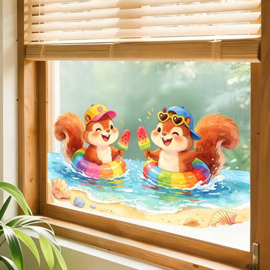 Summer Window Clings Pool Party Theme Cartoon Squirrel Window Decal Removable Static PVC Glass Sticker for Beach Party Supplies Home Office Decor