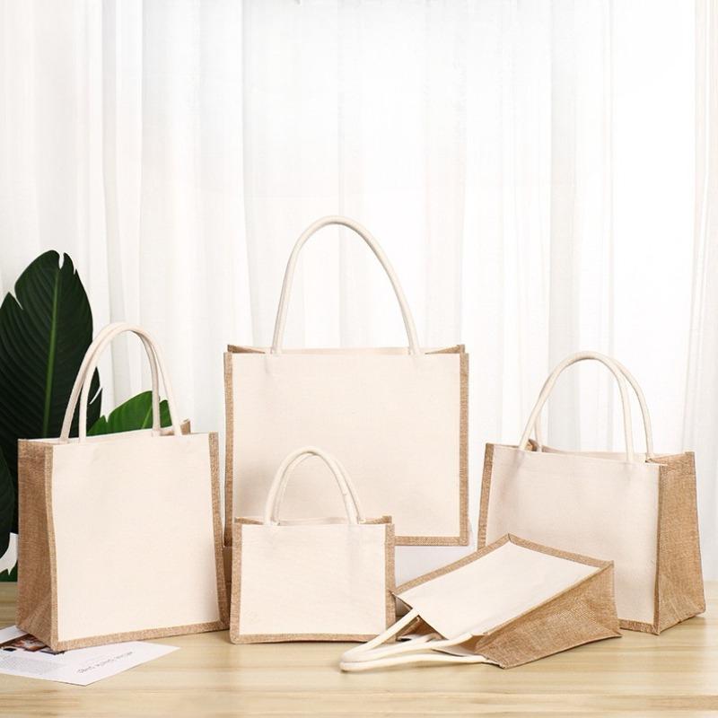 Eco Friendly Reusable Jute Bag Interior Burlap Tote Bags Natural Linen Bags with Soft Cotton Handles and Laminated Interior