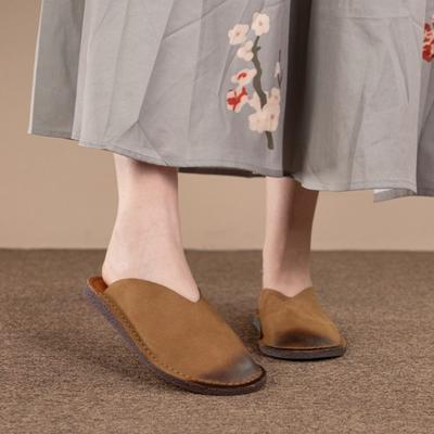 Retro Handgemachte Flache Hausschuhe Aus Echtem Leder Einfarbige Outdoor-Slipper Weiche Sohle Bequeme Damenschuhe