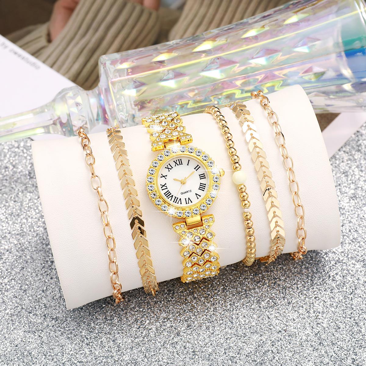 

No gift box; Fashionable luxury full diamond ladies watch wheat ear bracelet 6-piece set золотой