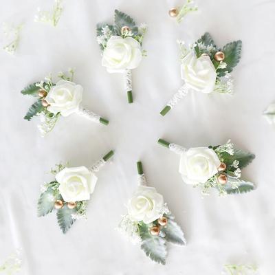 Boutonnieres Flowers Artificial White Roses Silk Ivory Corsage Buttonhole Groomsmen Boutonniere for Men Wedding Accessories