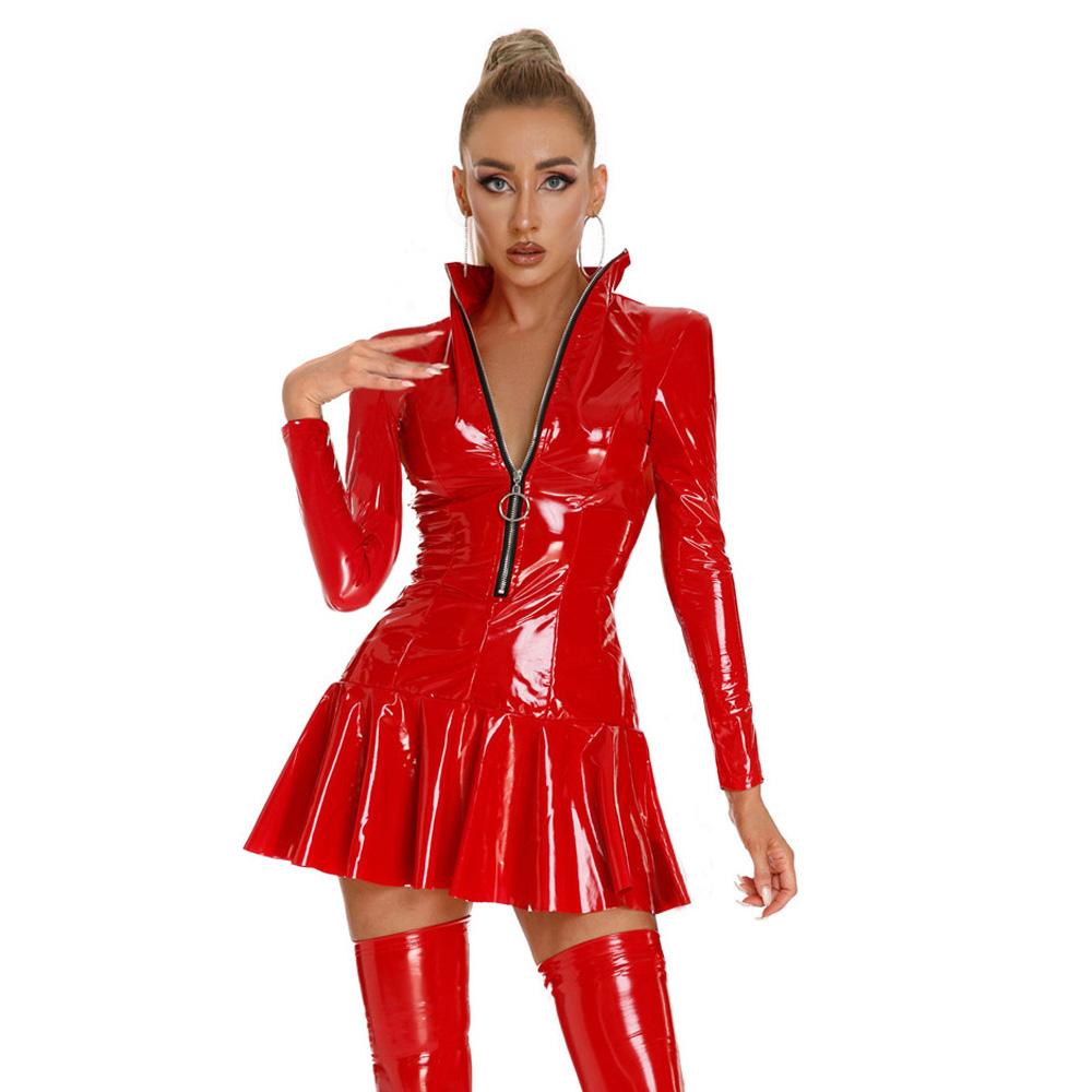 Sexy Women Pu Pvc Latex Pleated Micro Mini Dress Wetlook Tights Dress Sweat Uniform Maid Dress Stage Ruffled Dress Long Sleeve