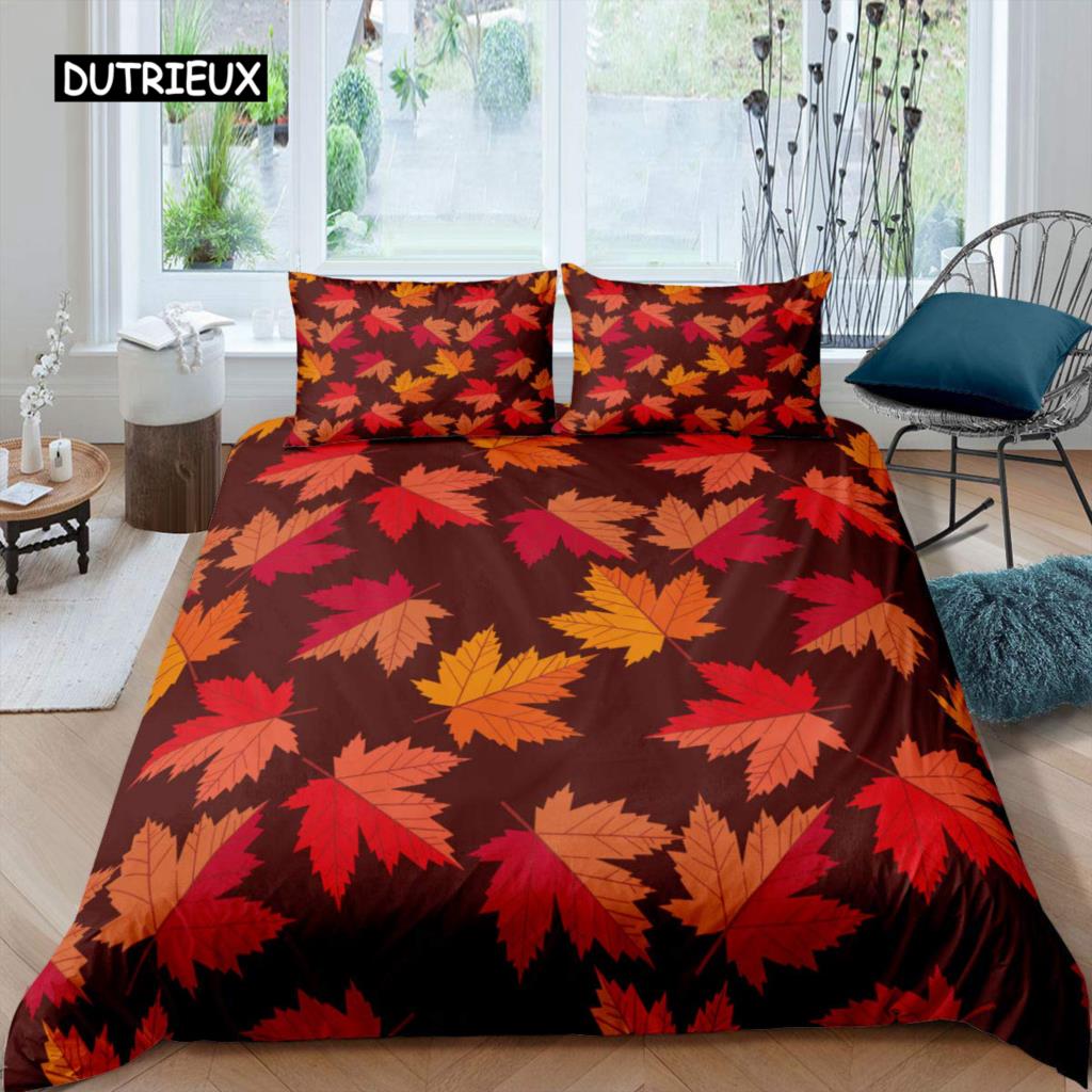 Maple Leaves Duvet Cover Set Colorful Autumn Season Maple Leaves In Unusual Designs Nature Print King Size 2/3pcs Bedding Set