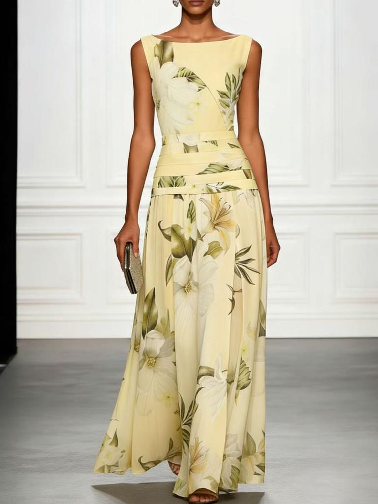 European and American summer 2026 sexy v-neck retro flower print women's dress sleeveless backless waist dress