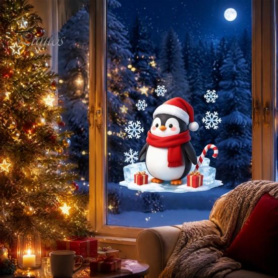 Holiday Party Glass Decor Christmas Cartoon Penguin Window Sticker, Cute Decal with Santa Hat And Winter Theme Supplies Scarf Design, PVC Waterproof